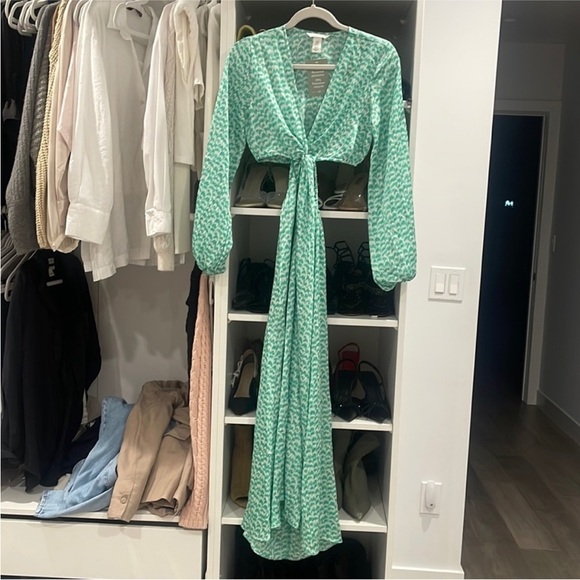 H&M Ballooned-Sleeve Green Print Cut-Out Crepe Dress - Picture 10 of 15